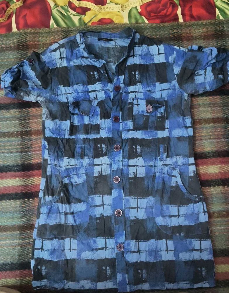 Blue Patterned Shirt Dress