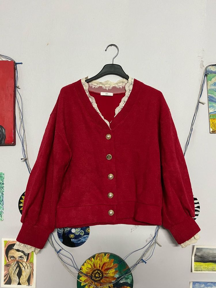 Red Lace Trim Cardigan❤️