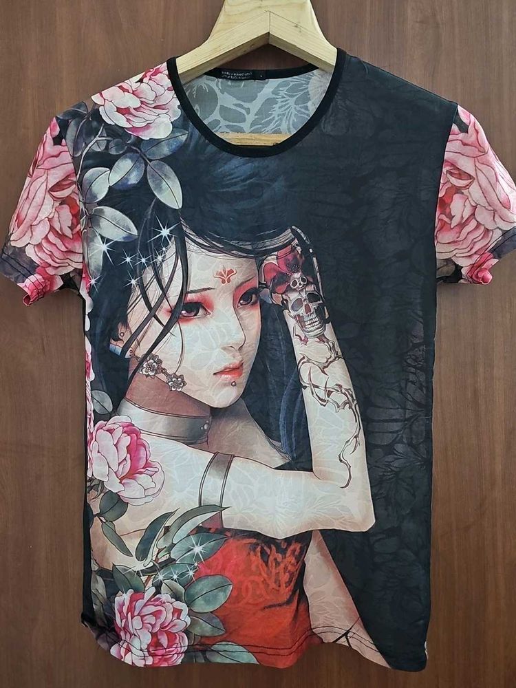 Y2K Oriental Graphic Print Mesh T-Shirt