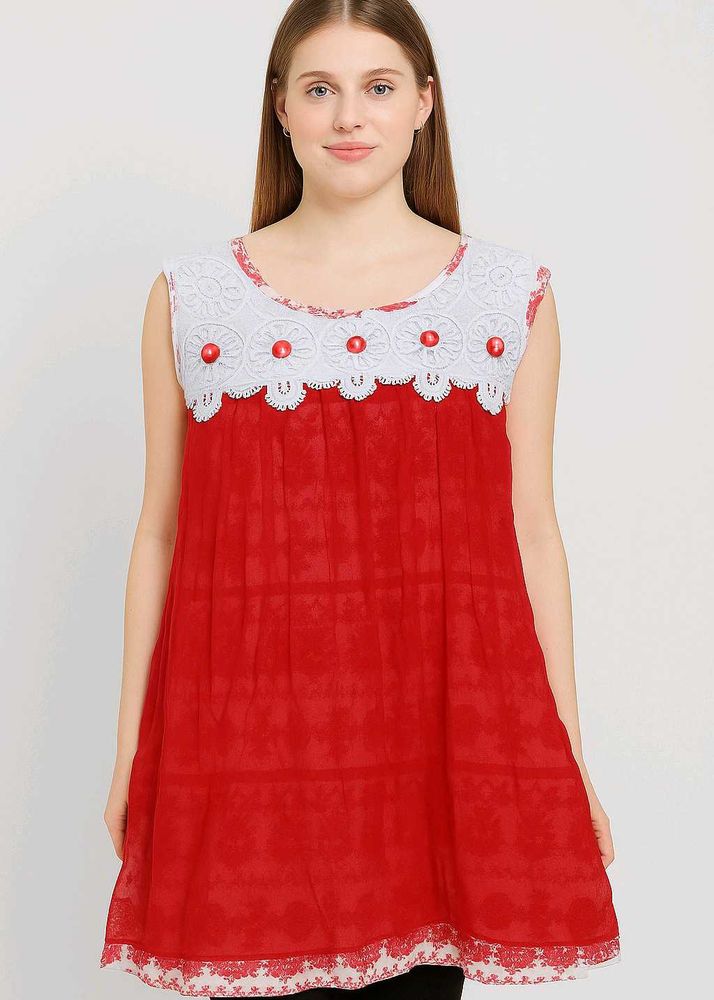 Red Lace Trim Sleeveless Dress