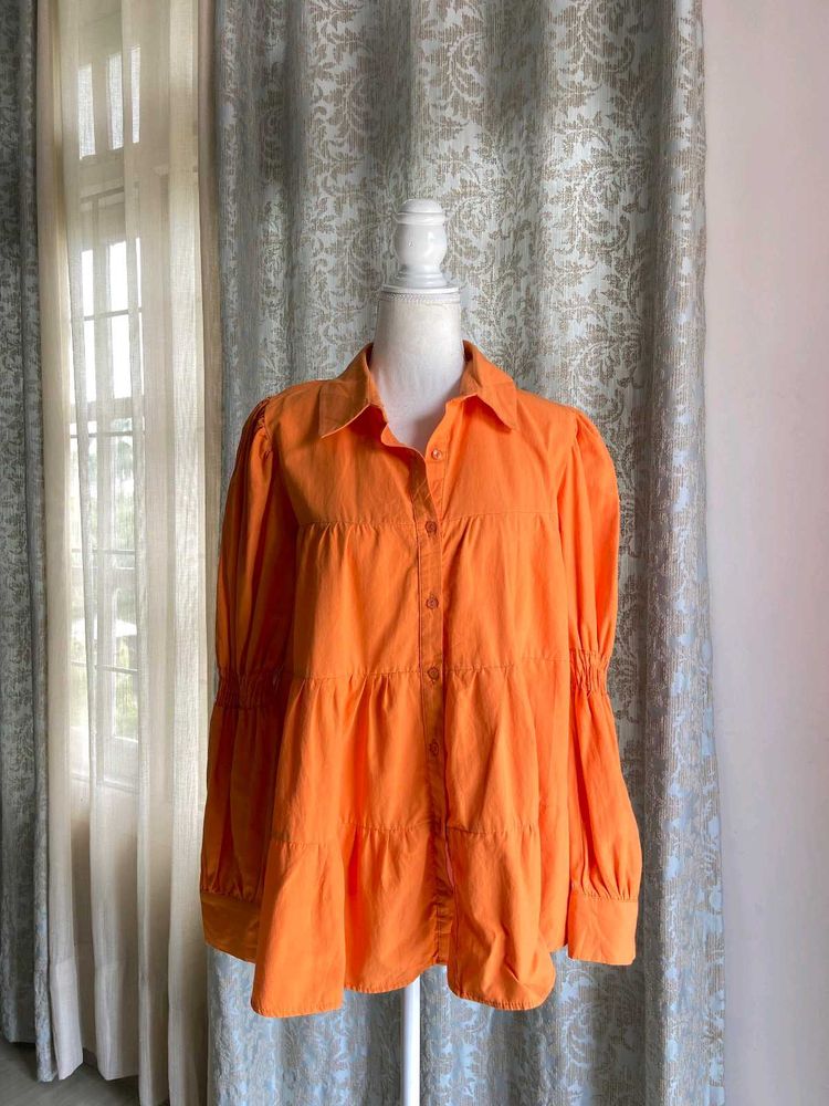Orange Tiered Poplin Top