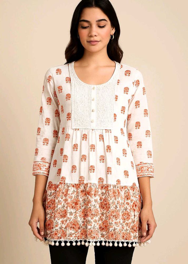 White Printed Mesh Kurta