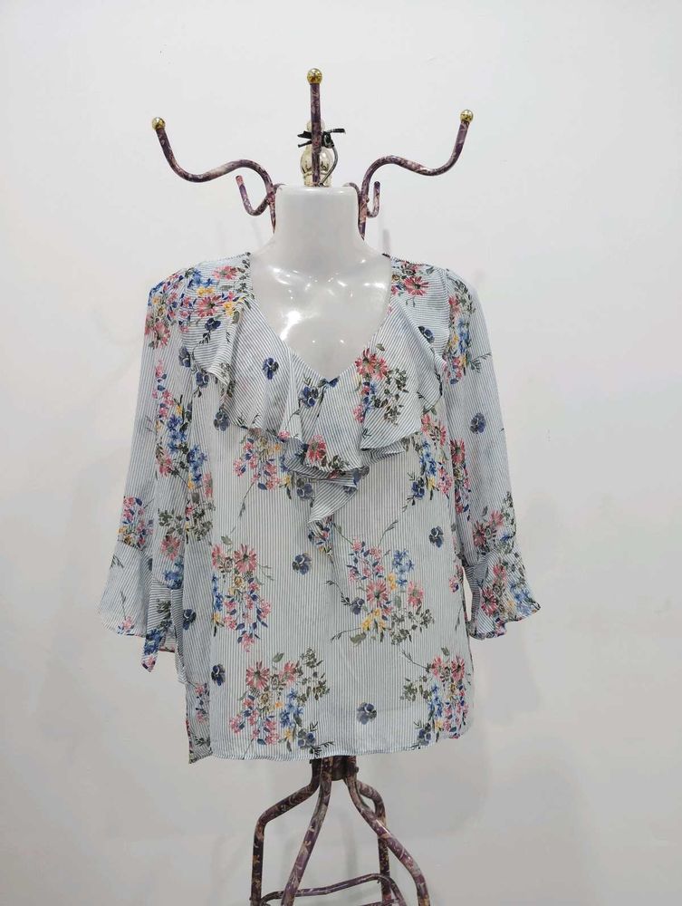 Stripy Floral Ruffle Blouse