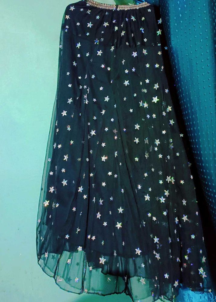 Black Long Skirt With Simmering Silver Stars