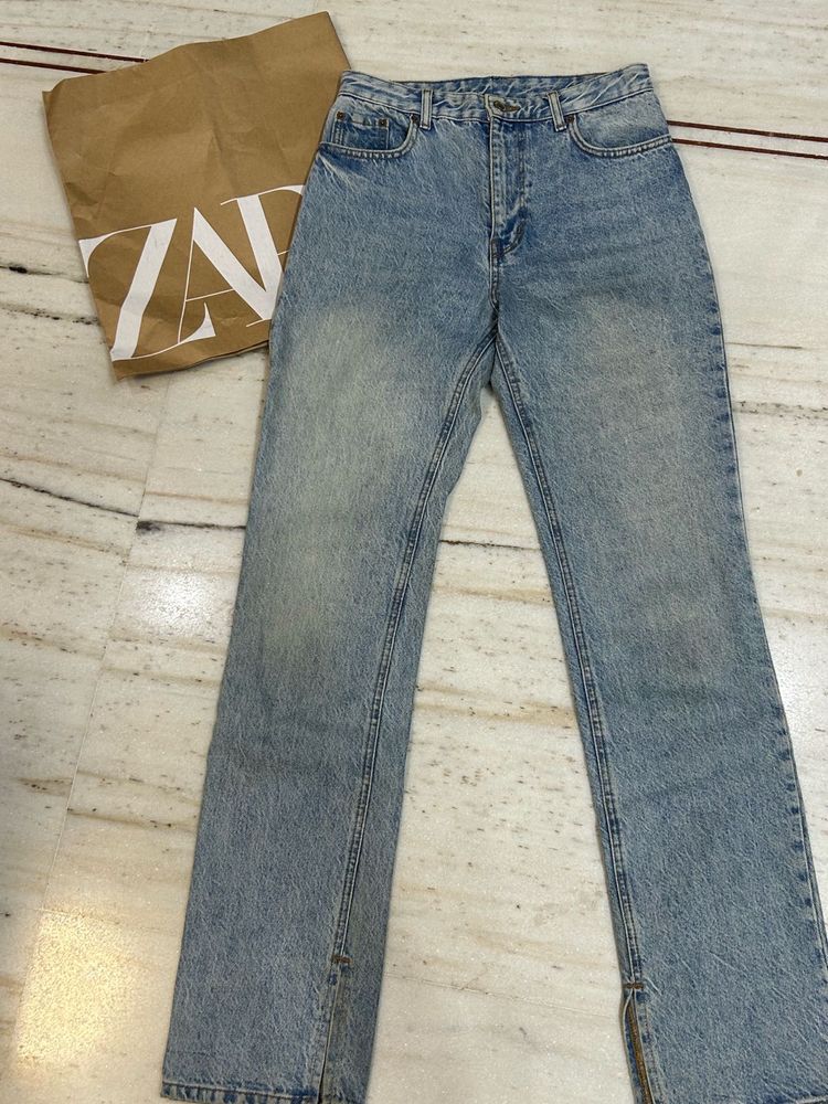 Zara Light Wash Flared Full Length Jeans