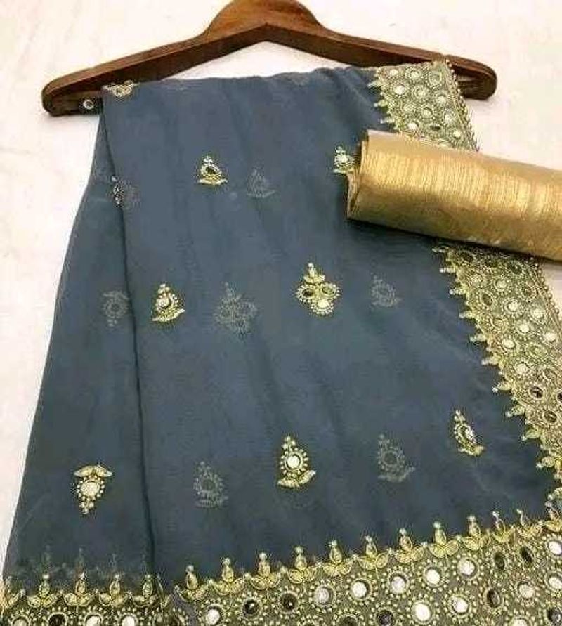 Elegant Grey Mirror Work Saree