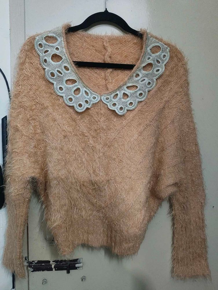 Fluffy Sweater with Lace Collar