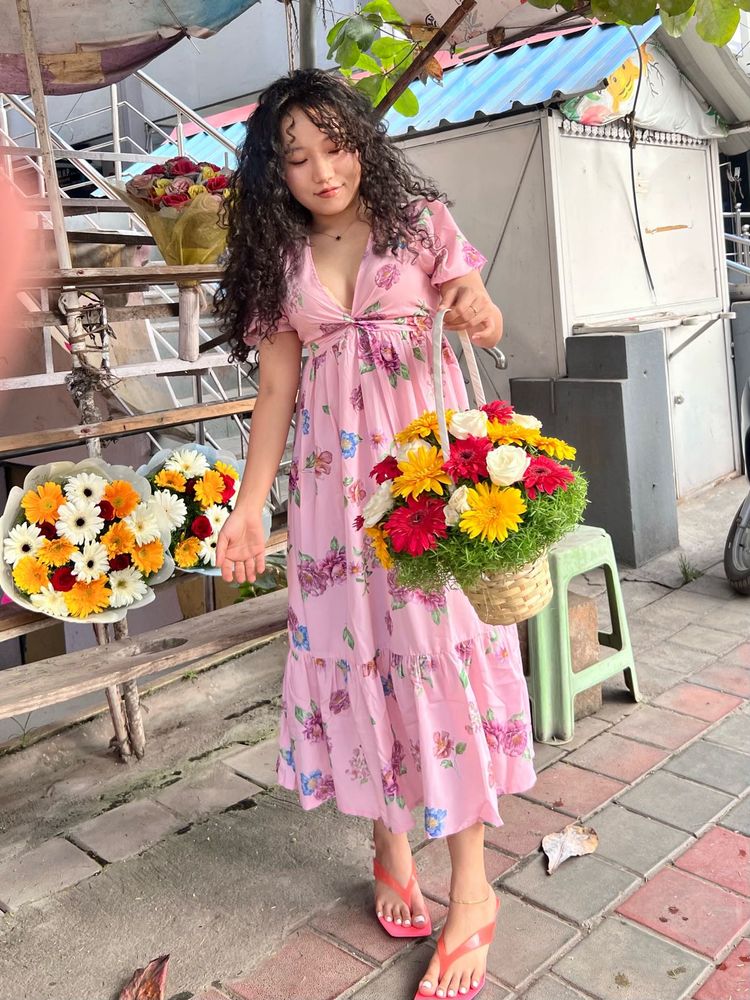 Floral Print Pink Sundress v neck