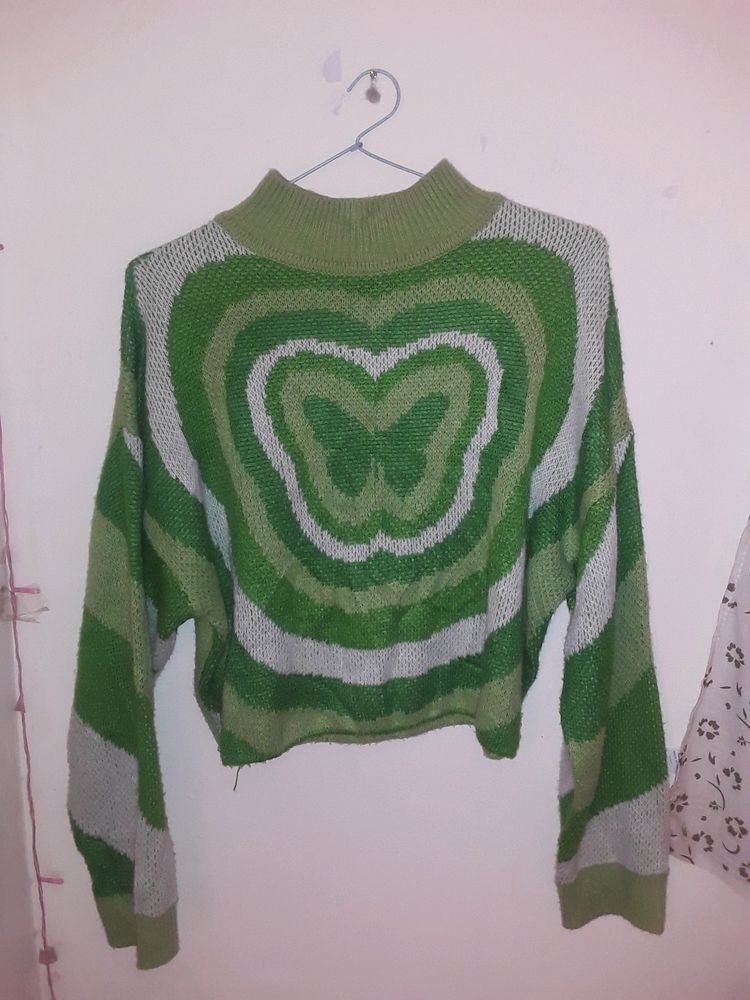 H&amp;M Y2K CROPPED GREEN BUTTERFLY JUMPER SALE