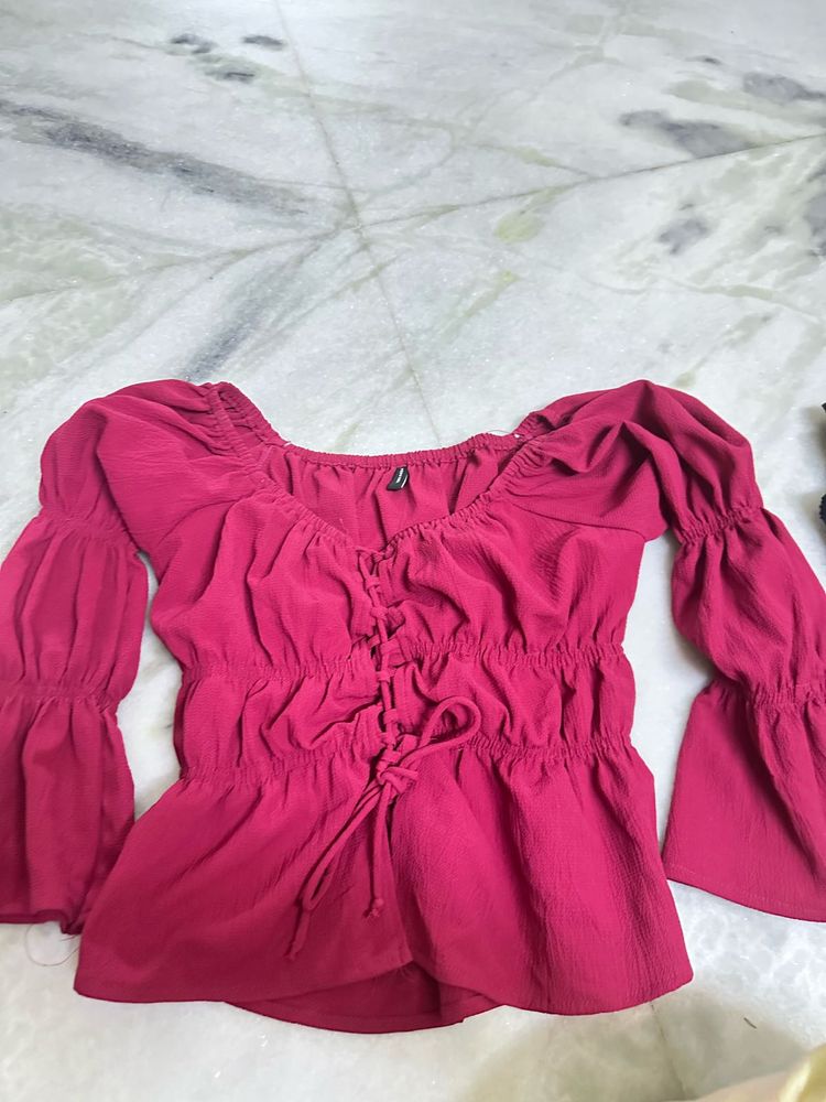 Pink Ruffle Sleeve Tie-Front Top