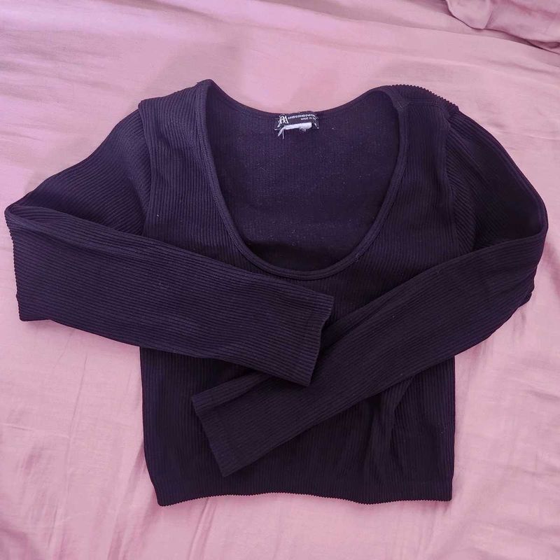Zara Black Ribbed Long Sleeve Cropp Top