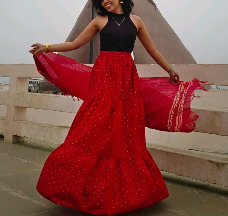 Dark Red Traditional Skirt, Small Golden Motifs❤️