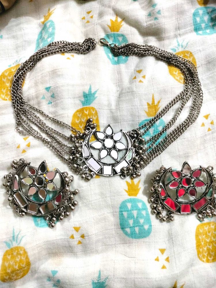 Mirror Detail Silver Jewelry Set