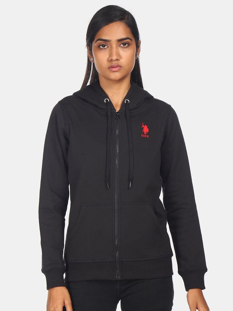 U S Polo Assn Women Black Front Open Sweatshirt