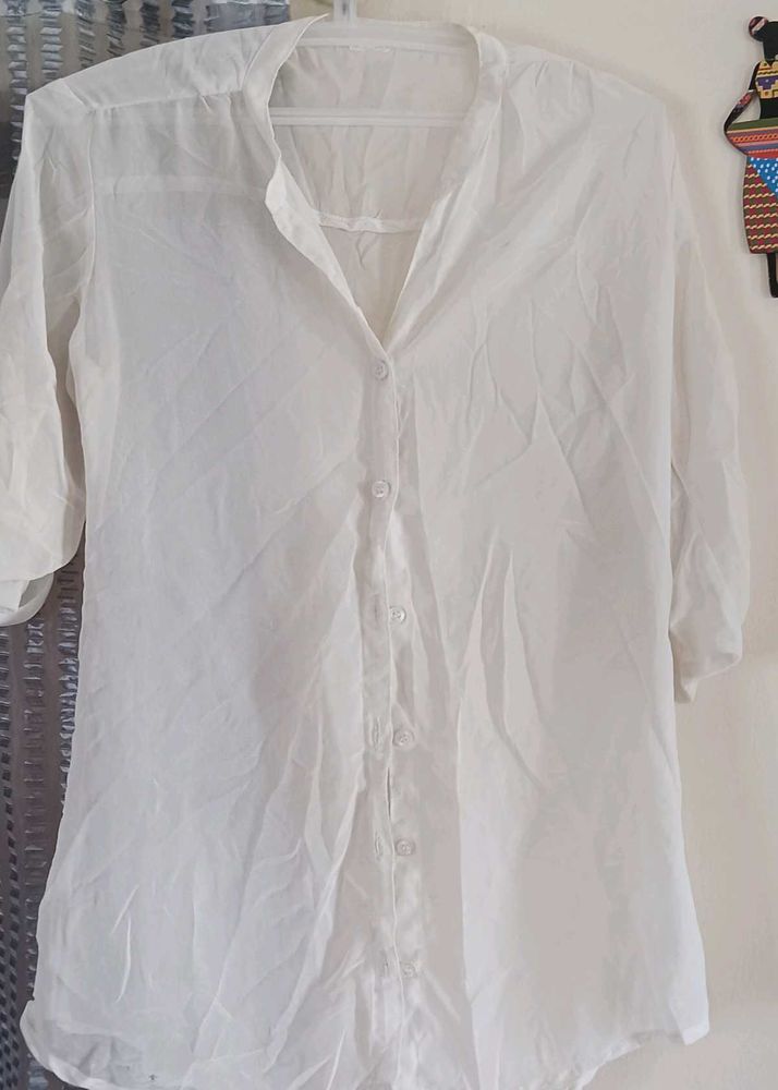 White 3/4 Sleeve Button-Up Shirt