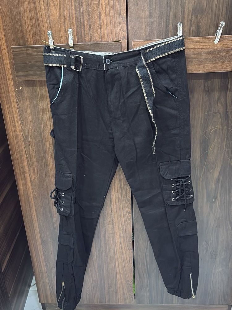 Black Cargo Pants with Belt