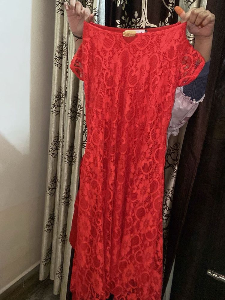 Red Lace Midi Party Dress