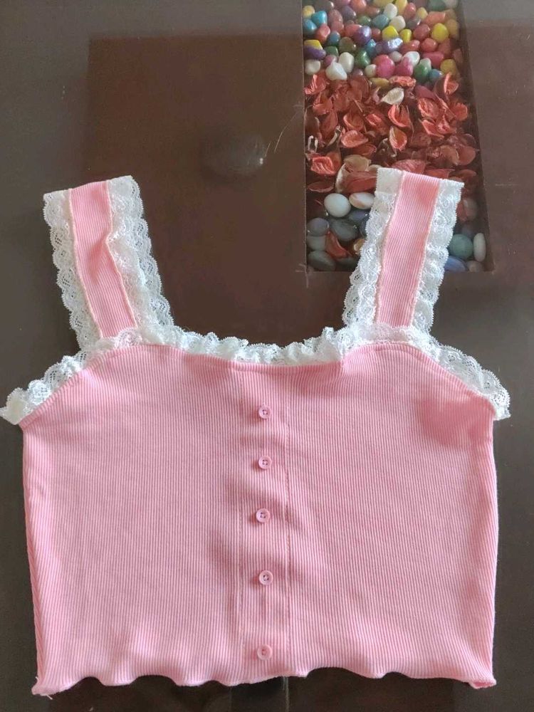 Pink Lace Trim Tank Top