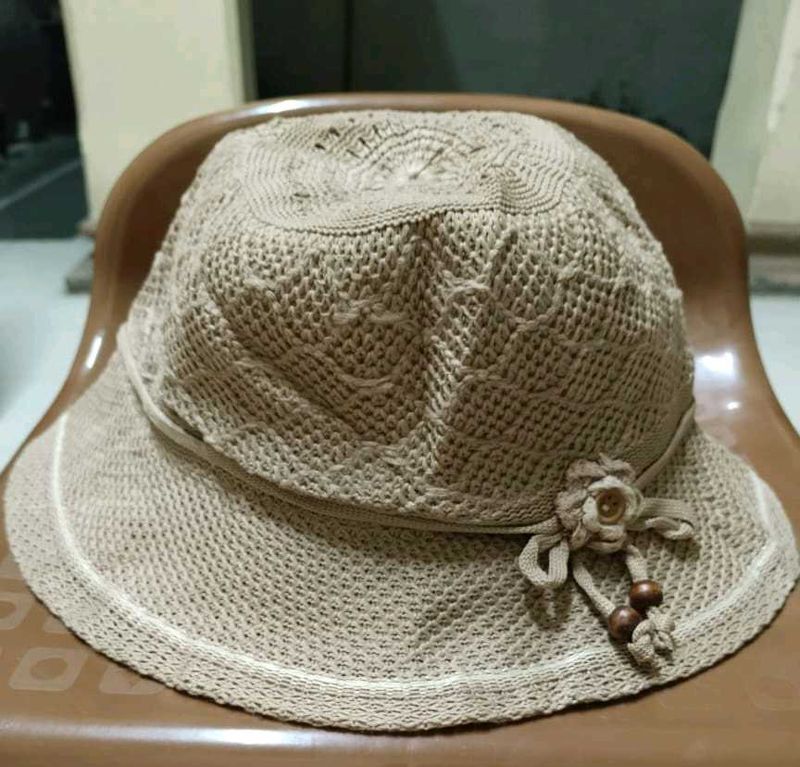 Tan Crochet Sun Hat with Floral Details