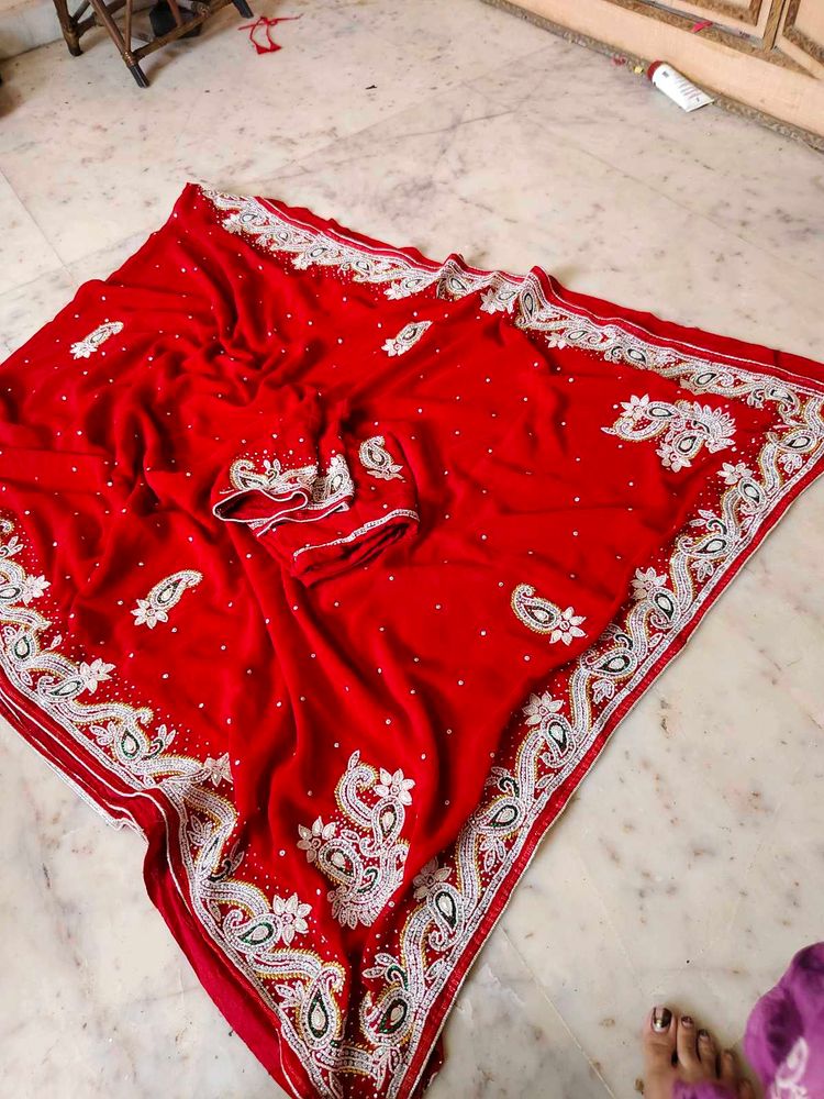 moti work heavy red ♥️ saree with blouse 😍