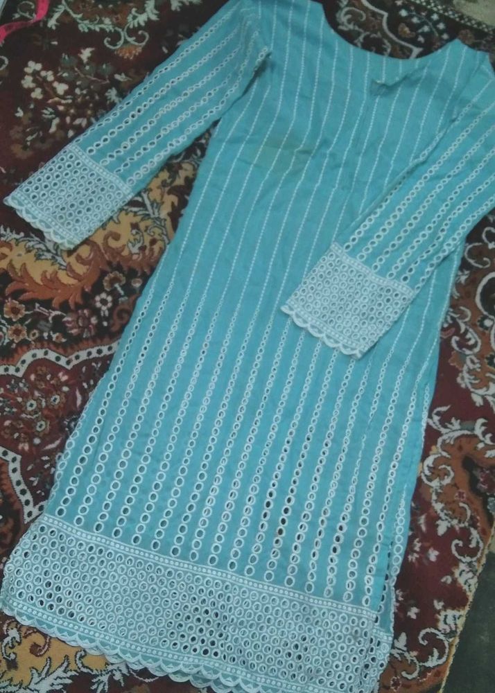 Aqua Schiffli Embroidered Kurta