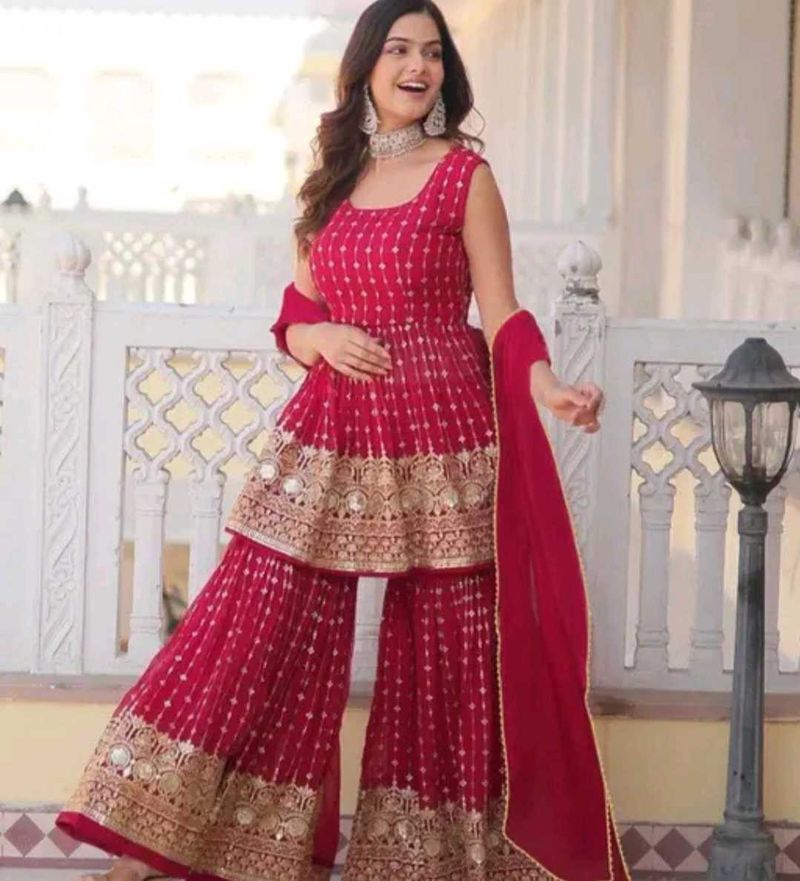 Elegant Red Sharara Suit Set