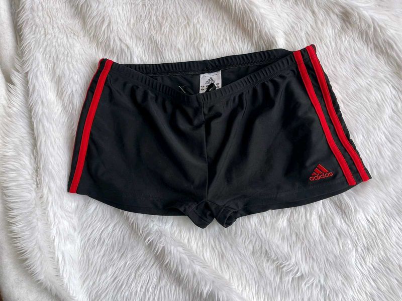 Adidas black three striped red mini shorts