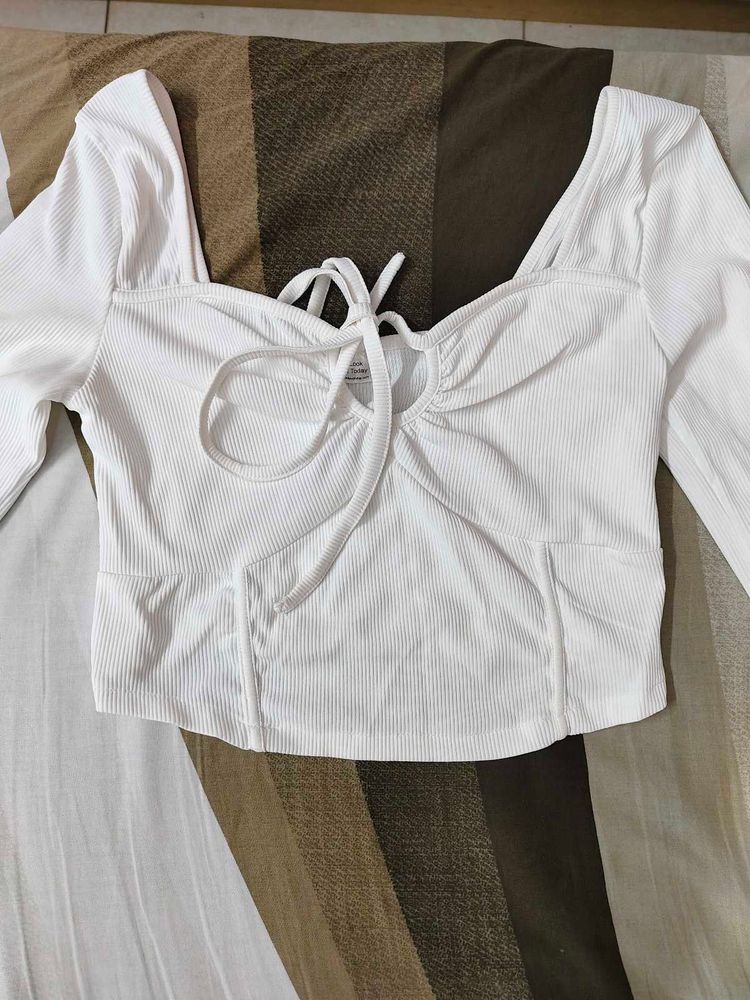 White Long Sleeve Tie Top
