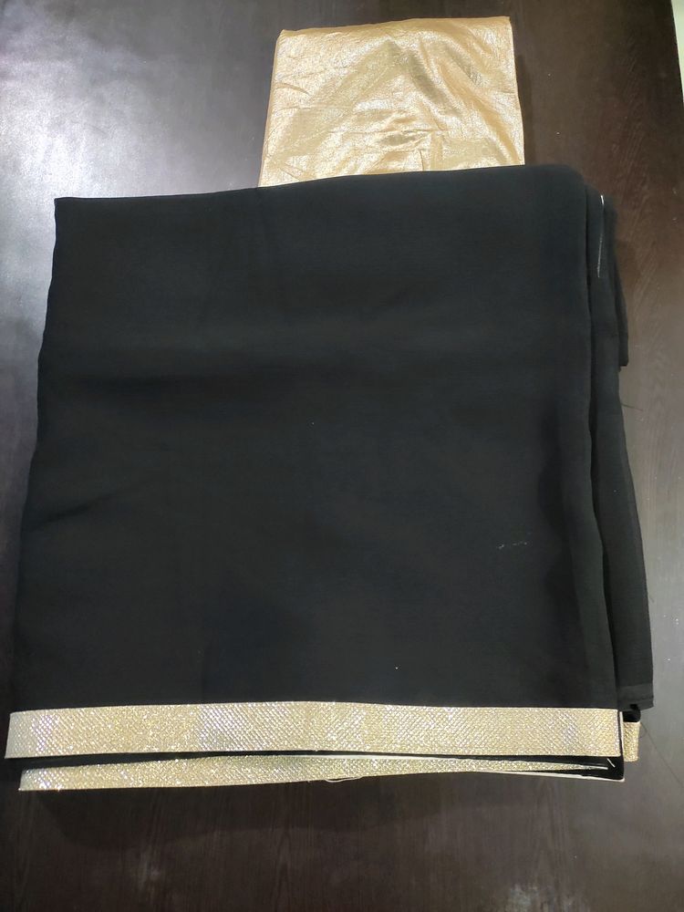 Black Chiffon Saree With Yellow Golden Border