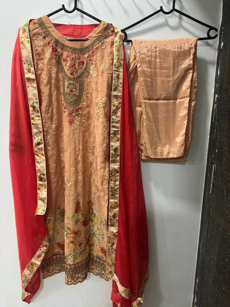 Orange Embroidered Pant Suit