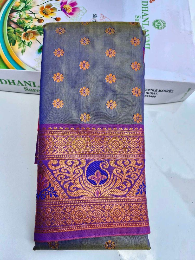 Beautiful Gray &amp; Purple Floral Saree