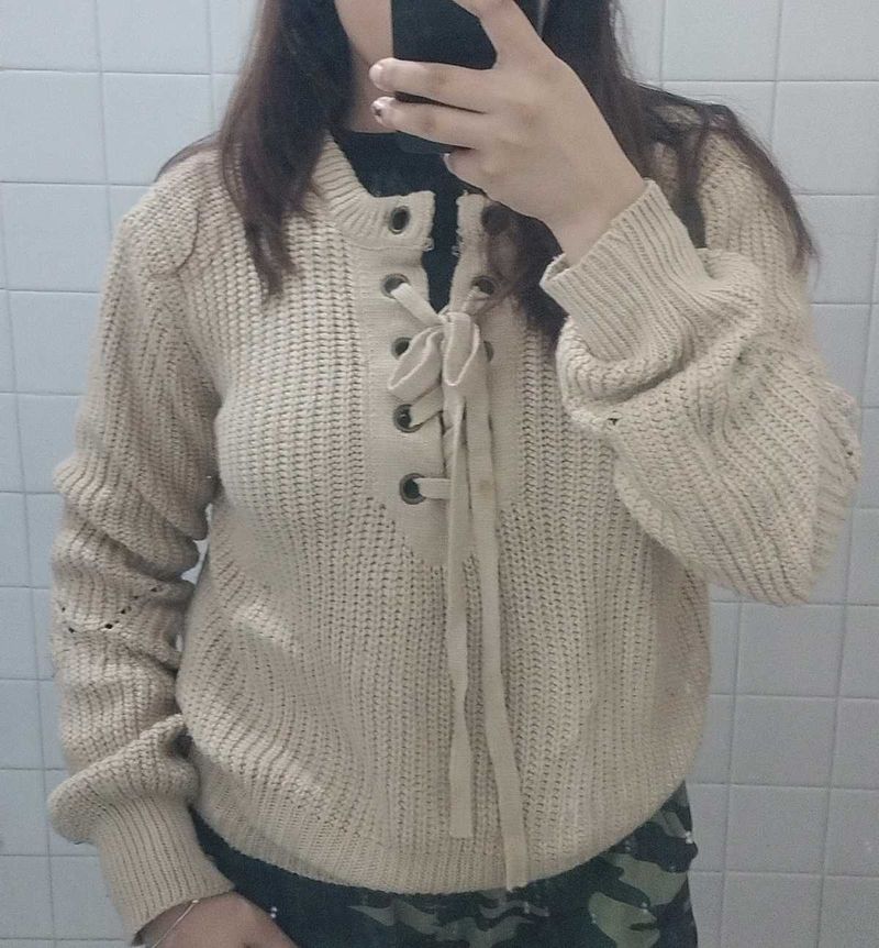 Cute Knit Sweater with Lace-Up Detail