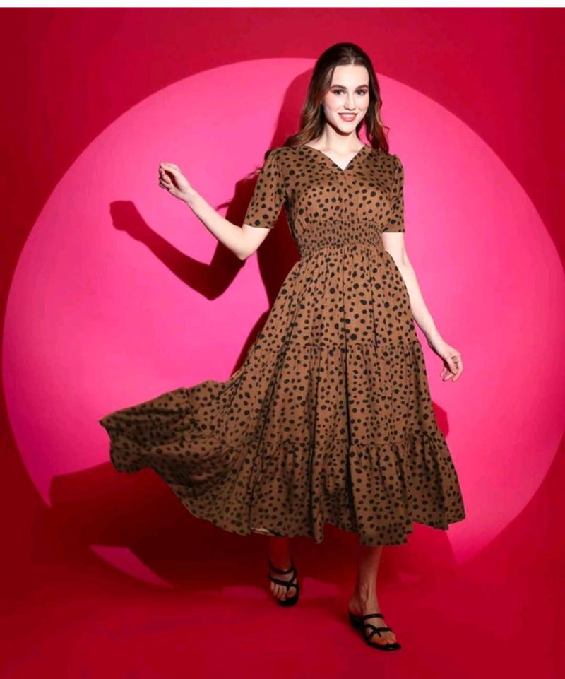 With Tag Brown Spot Tiered Dress