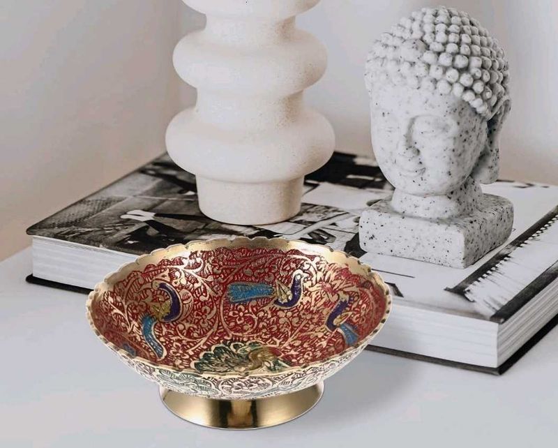 Gold Plated Peacock Embossed Brass Fruit Bowl