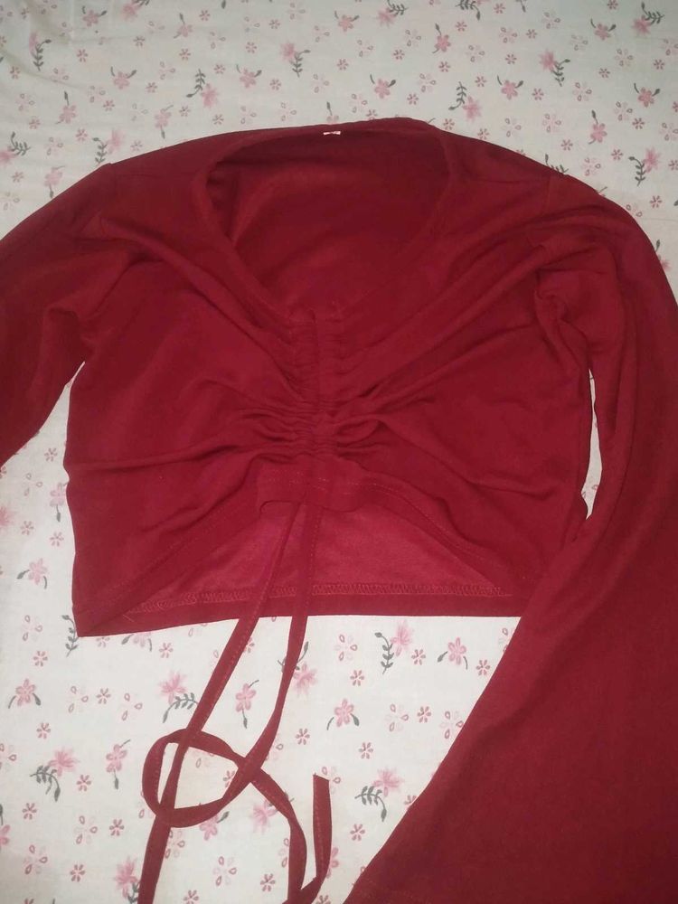 Wine Red Long Sleeve Crop Top
