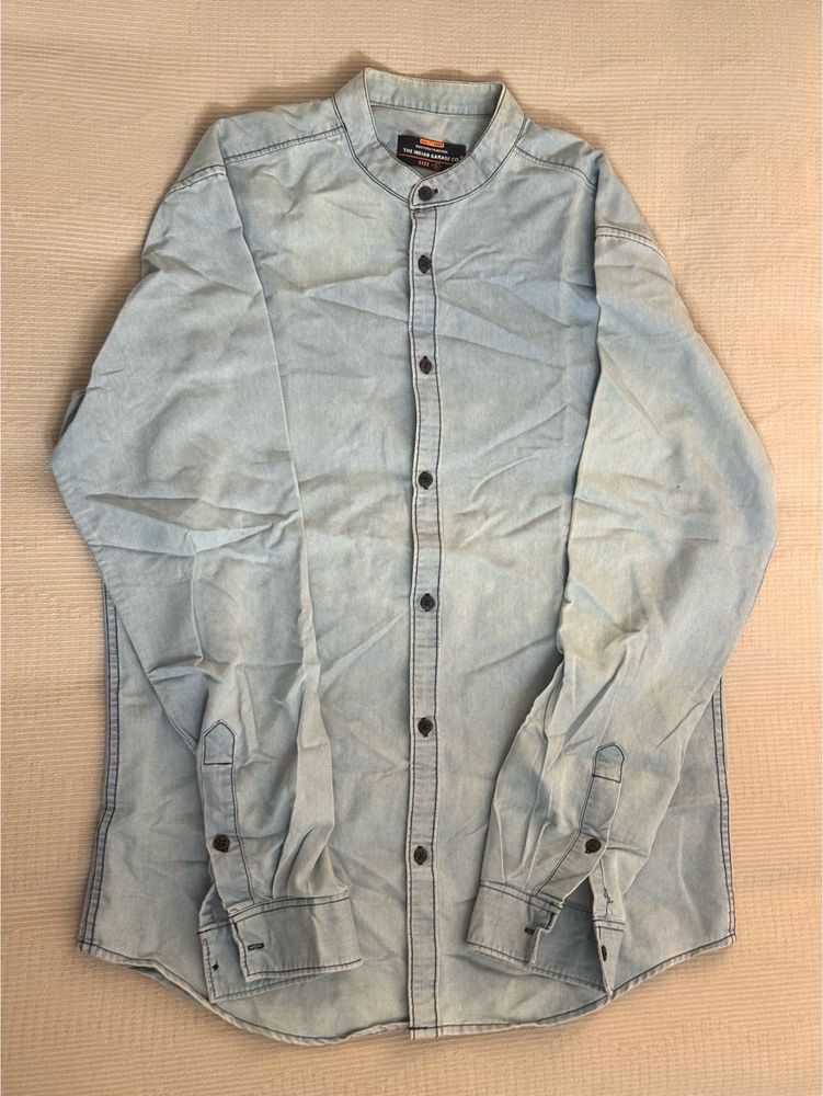 Light Wash Denim Band Collar Shirt