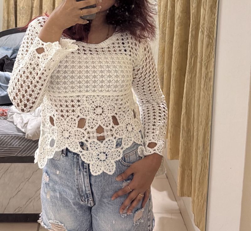 Charming White Woolen Crochet Top ❄️✨