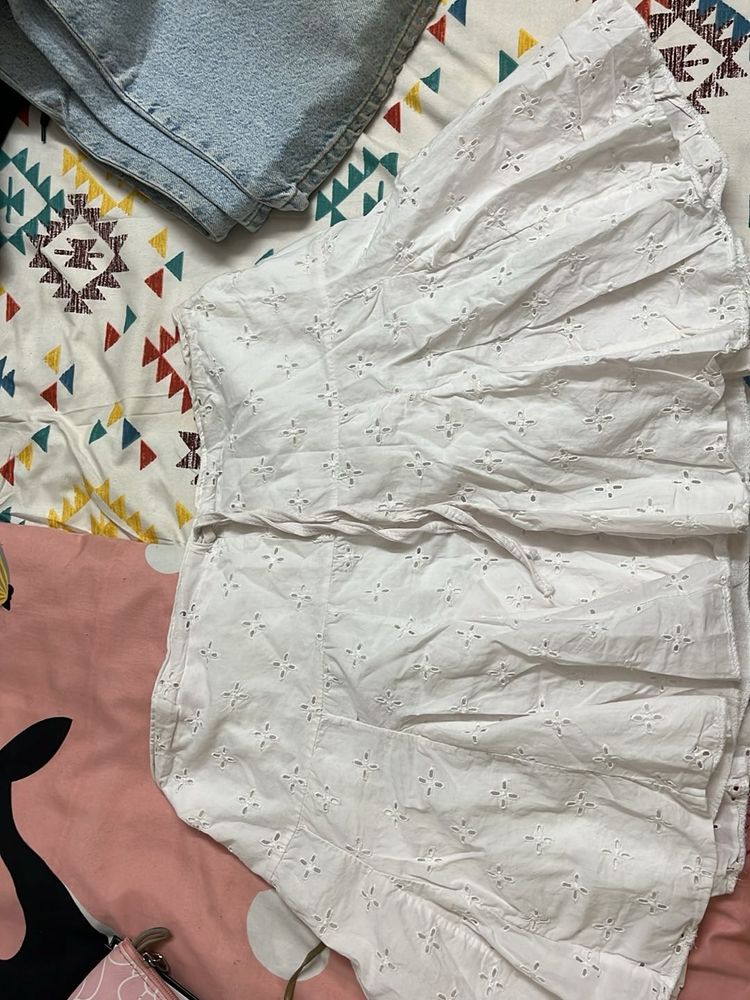White Embroidered Mini Skirt