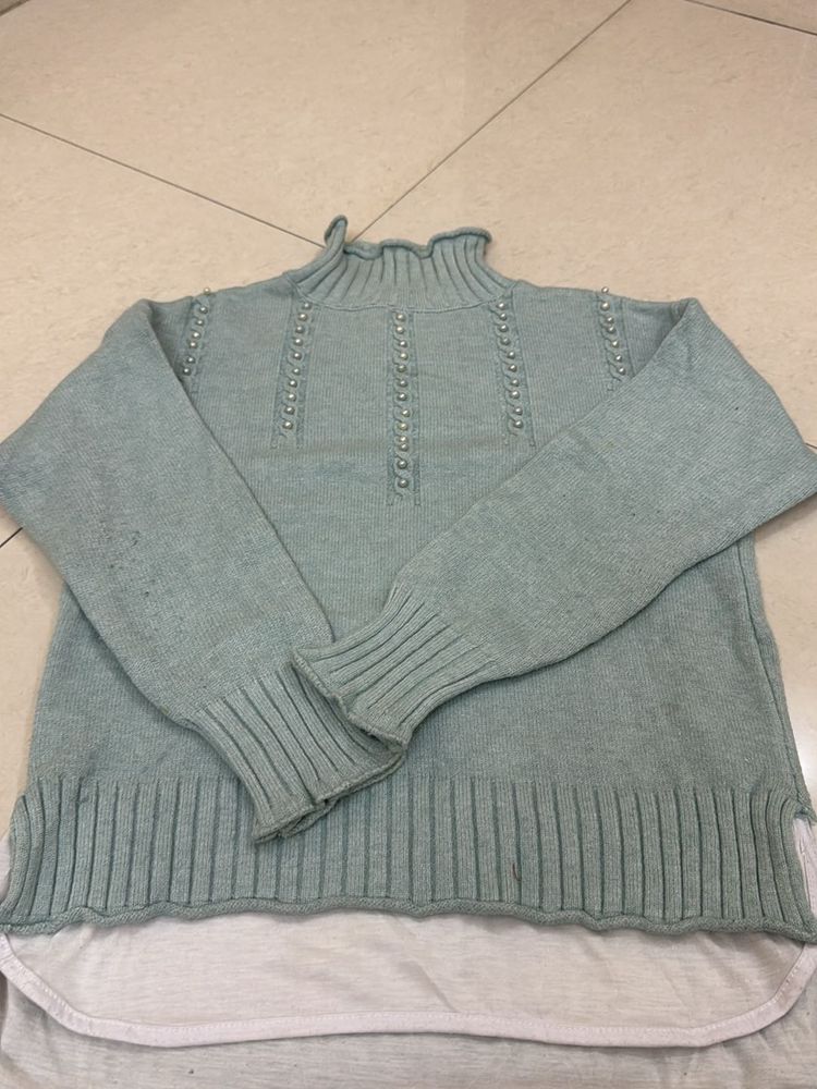Mint Green Embellished Mock Neck Sweater