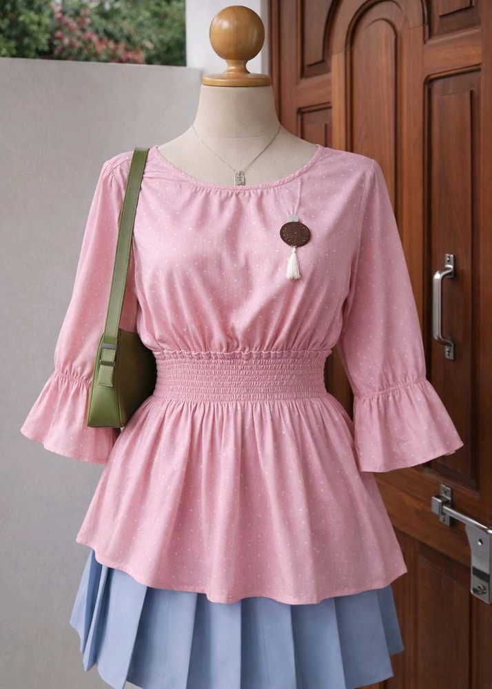 Cute Pink Polka Dot Peplum Top