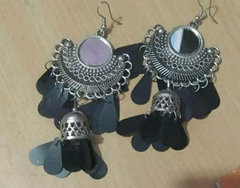 Silver Tone Black Fan Earrings