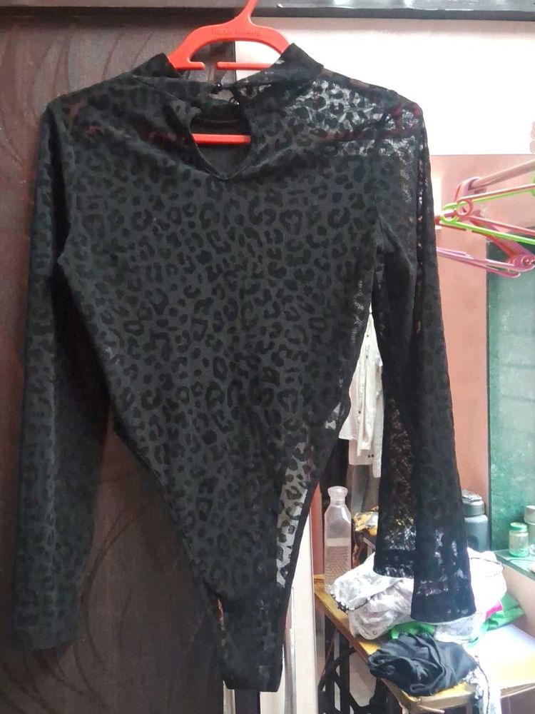Black Leopard Printed High Neck Bodysuits