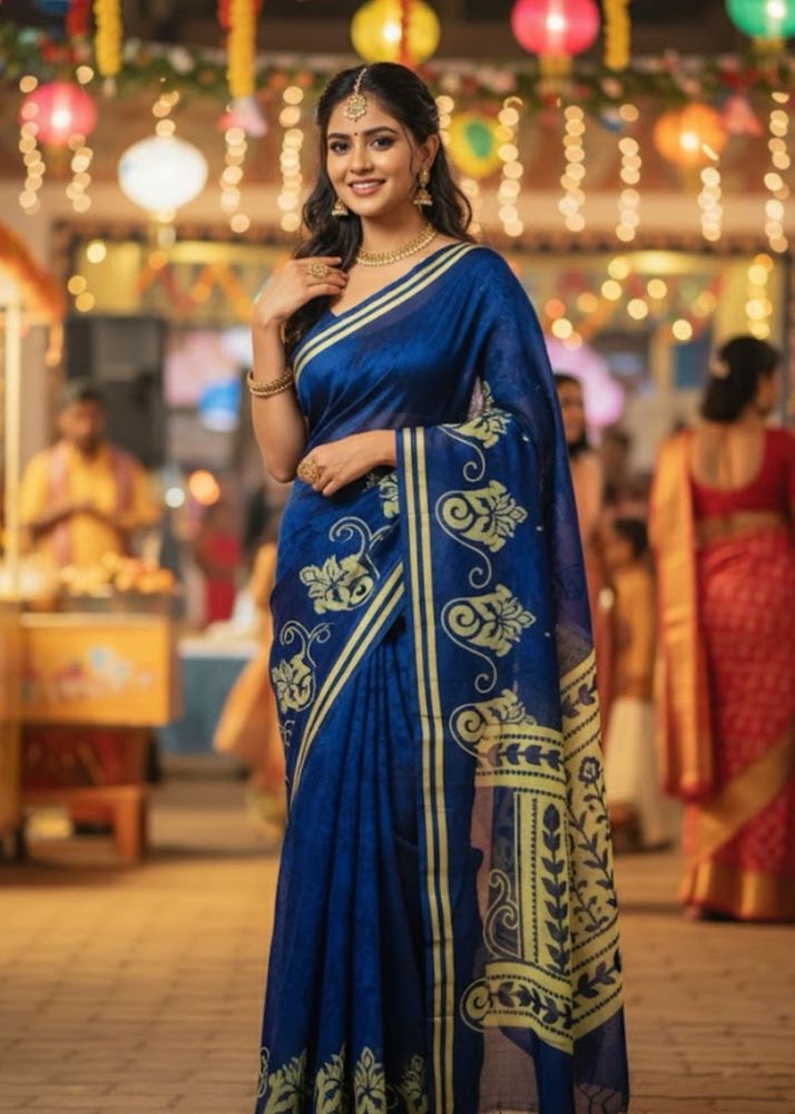 Elegant Blue Saree with Floral Design