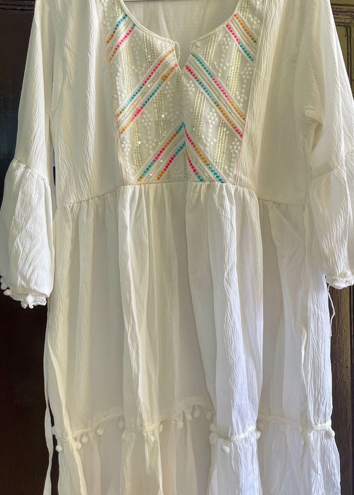 White Embroidered Pom-Pom Dress