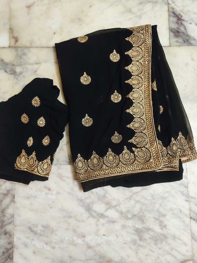Elegant Black &amp; Gold Embellished Saree