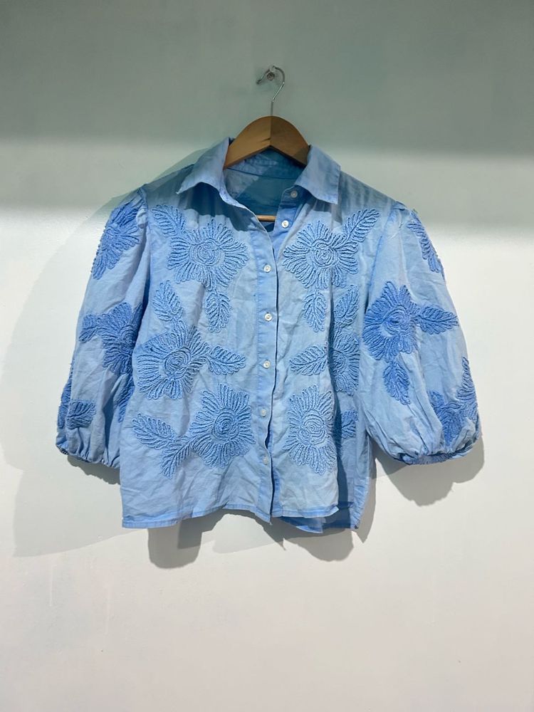 Embroidered Puff Sleeve Top shorts set