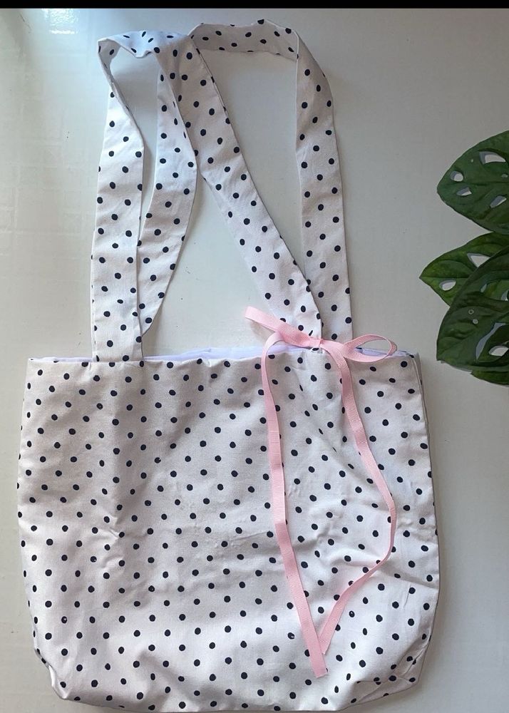 Polka Dot Tote Bag with Ribbon