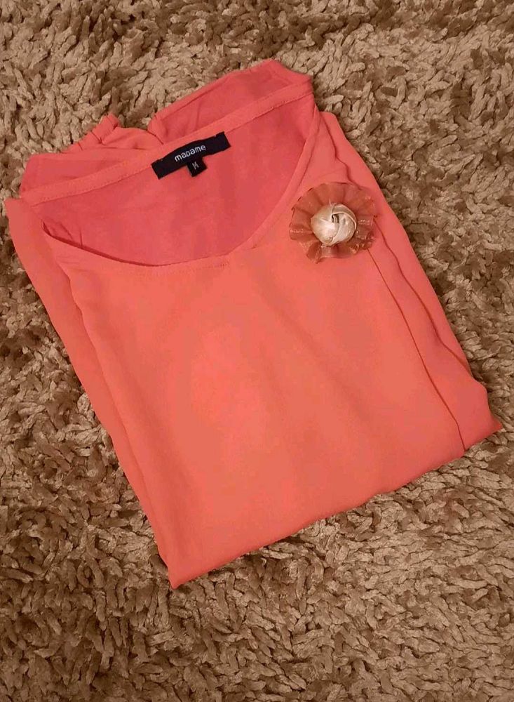 Coral Top with Flower Detail