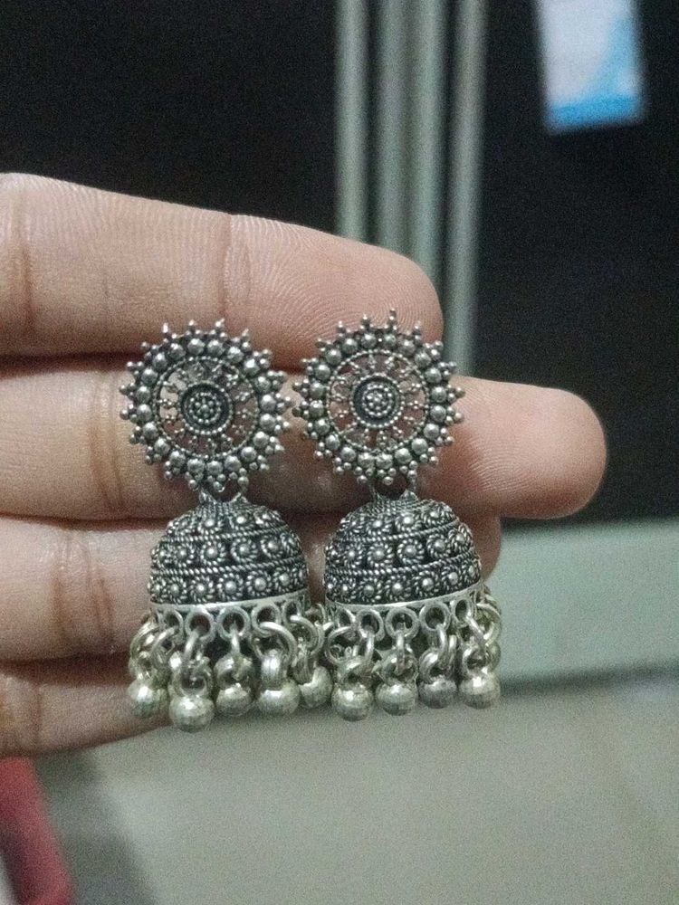 Oxidized Silver Jhumka Earrings