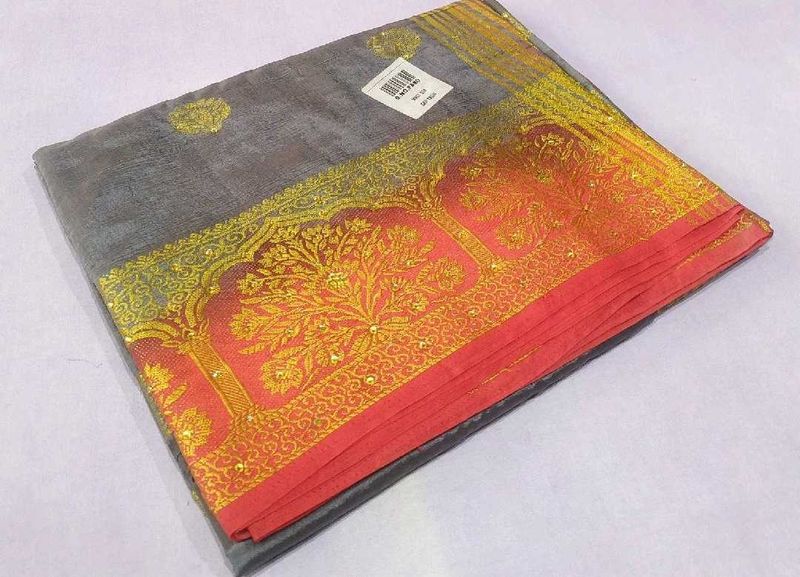 silk Elegant Gray &amp; Gold Saree🙏 fix price